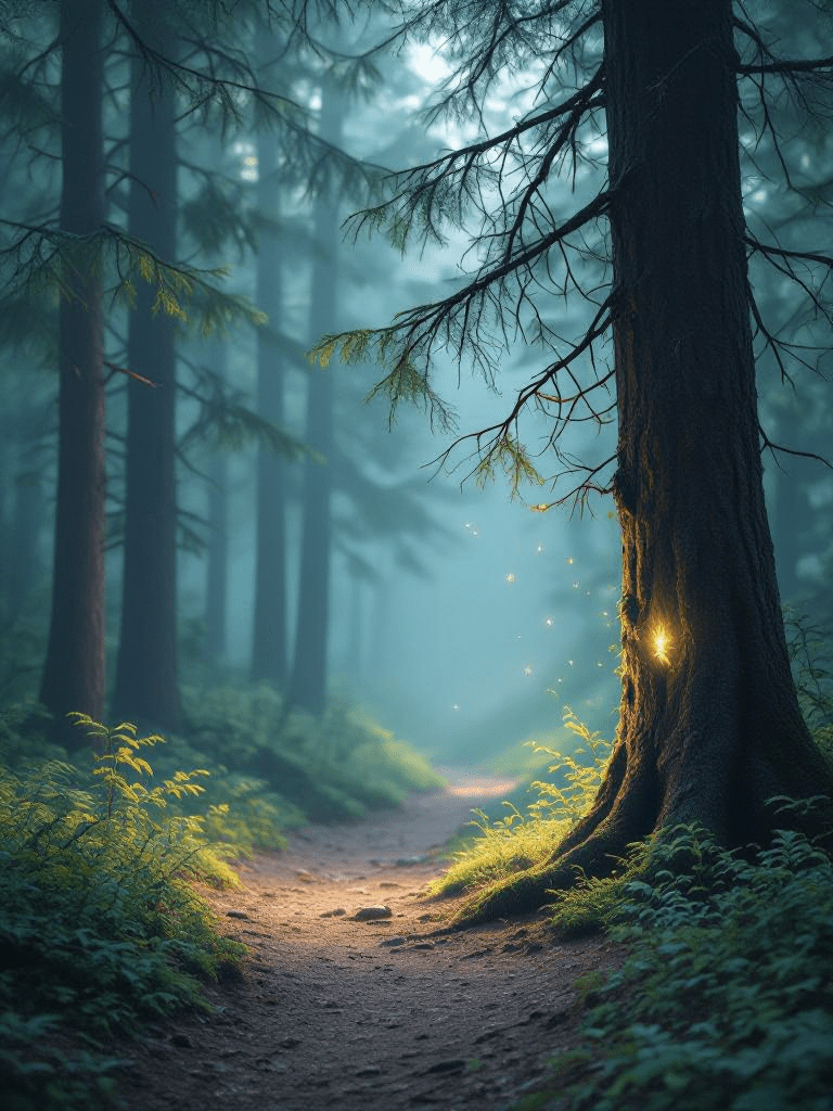 A dark forest with tall big trees. There is a little shiny fairy in the dark corner next to the tall tree